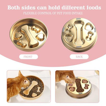 Golden Stainless Steel Slow Feeder Dog Bowls – Non-Slip Metal Dog Bowl for Large & Medium Breeds, Puppy Puzzle Feeder – 2 Cup for Small to Big Pets – Durable Slow Feed Dog & Cat Food Dish with Mat - color: Bone&Heart With Mat-Golden