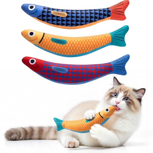 PetBusy Interactive Cat Toys with[5000mg Premium A+Catnip][Baby Grade] Soft Chew Kicker Cat Toys for Indoor Cats & Kittens, Crinkle &Rattle Fish Sound Toy, Drives Bored Cats Crazy with Fun,3 Pack - color: Blue+Yellow+Red