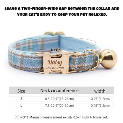 Personalized Plaid Cat Collar with Bell - Non-Breakaway Custom Polyester Kitten Collar with Engraved Name & Phone Number (Pattern 04, L (7.5-12.5 Inches)) - color: Pattern 04, size: L (7.5-12.5 Inches)