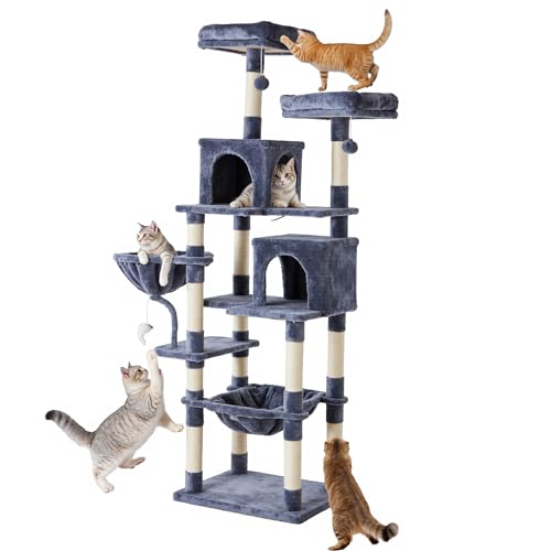 Large Cat Tree 71 Inch, Multi-Level Tall Cat Tree Tower with Condo, Perches, Sisal Scratching Posts and Hammock, Pet Play House with Dangling Balls for Indoor Cats, Dark Grey - color: Dark Grey, size: 71IN