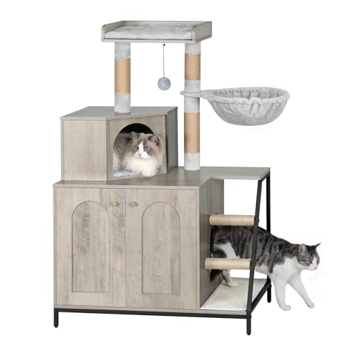 Hzuaneri Cat Litter Box Enclosure with Cat Tree, 4-in-1 Modern Cats House with Large Platform, Cats Condo with Sisal Scratching Mat, Posts, Stairs and Pompom, Washable Cushions, Greige CB81005B - color: Greige