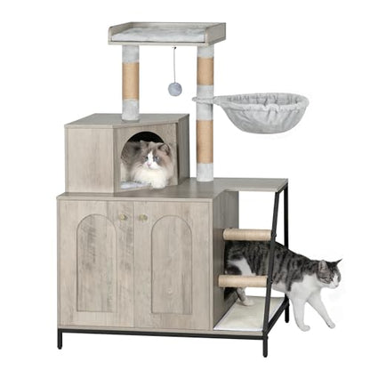 Hzuaneri Cat Litter Box Enclosure with Cat Tree, 4-in-1 Modern Cats House with Large Platform, Cats Condo with Sisal Scratching Mat, Posts, Stairs and Pompom, Washable Cushions, Greige CB81005B - color: Greige