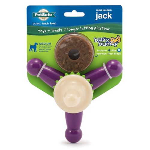 PetSafe Busy Buddy Jack - Treat Holding Dog Chew Toys - Helps Clean Teeth - Vanilla Scented Rubber for Strong Chewers - Treat Refills Included, Interactive Dog Toy Helps Keep Dogs Busy, Purple, Medium - size: Medium, style: Treat Holding Jack