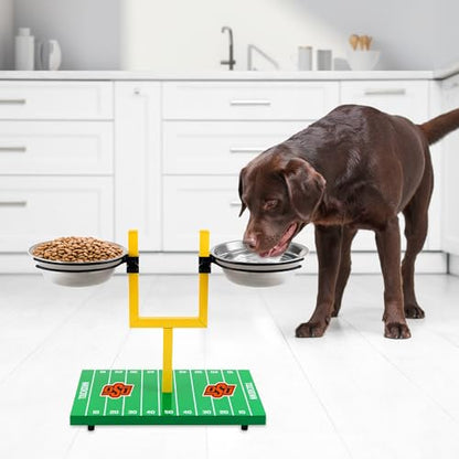 NCAA Oklahoma Sooners Goalpost Football Field Dog Feeder – Adjustable Elevated Dog Bowls with Stand, 2 Stainless Steel Bowls, Non-Slip Rubber Feet, Raised Pet Feeder for Large & Small Dogs - color: Oklahoma Sooners