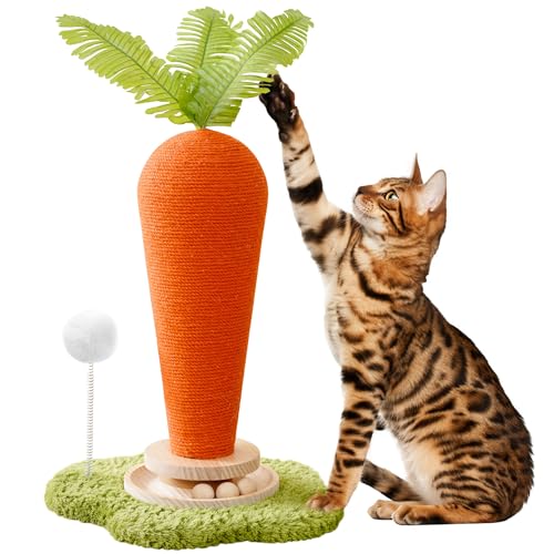 Cute Cat Scratching Post, Carrot Cat Scratcher Post with Durable Natural Wooden Turntable Toy and Catnip, 24'‘ H Carrot Shape Design Sisal Cat Tree Sisal Scratcher for Indoor Cats (Cloud Base) - color: Carrot