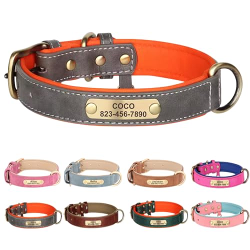Personalized Dog Collar with Engraved Nameplate, Custom PU Leather Pet ID Collar for Small Medium Large Dogs, Engraved Name and Phone Number Tag for Pet Puppy (Grey, L) - color: Grey, size: L
