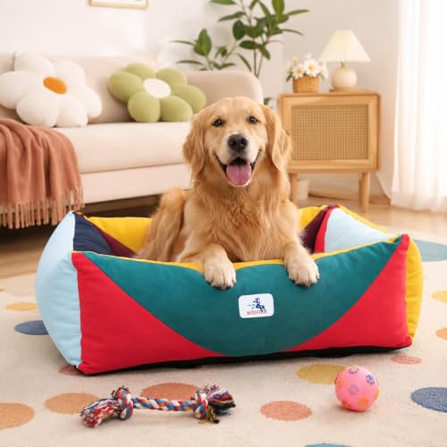 Cotton Canvas Dog Bed, Dog Beds Large Sized Dog, Orthopedic Bed with Washable Removable Cover, Durable 290 GSM Cotton Anti-chewing Pet Bed with Anti-Slip Bottom (38"x30"x12", Red&Yellow&Green) - color: Red+Green+Yellow, size: Large