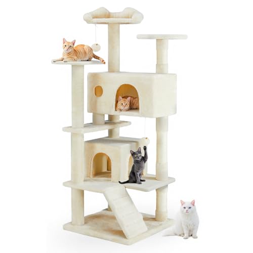 Cat Tree 54 Inch, Multi-Level Cat Tower with Condo, Perches, Sisal Scratching Posts and Climbing Ladder, Pet Play Toy Balls House for Indoor Cats - color: Cream, size: 54IN