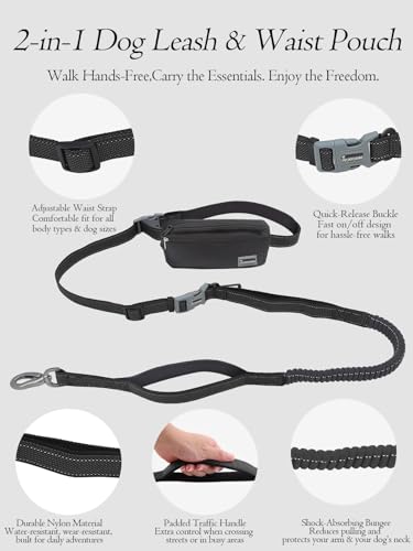 Hands Free Dog Leash with Zipper Pouch & Waist Belt – Reflective Durable Bungee Leash with Dual Padded Handles for Walking, Jogging & Running, Fits Small to Large Dogs (Black) - color: Black