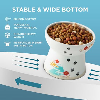 Necoichi Raised Cat Food Bowl – Ceramic Elevated Cat Bowl for Whisker & Neck Fatigue, Dishwasher Microwave Safe – Non-Slip & Anti Vomiting Ergonomic Design (Fuji, Large, 2-Cup Capacity) - color: Fuji, size: Large Flat (2 Cups)