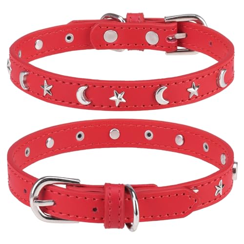 Leather Dog Collar for Puppy Small Medium Dogs, Adjustable Star and Moon Studded Pet Collars with Rust-Proof Metal Buckle and Charms, XS S Dog Collars for Boy and Girls, Size 8-11" Red - color: Red, size: X-Small (8"-11", Pack of 1)