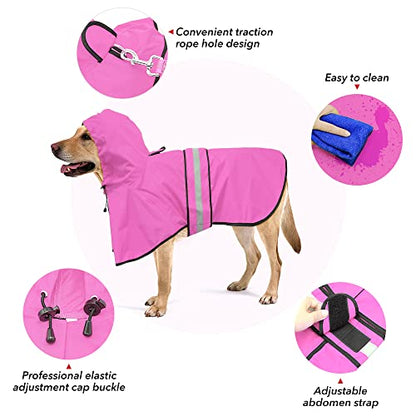 Dog Raincoat, Waterproof Coat with Hood Reflective Pet Rain Jacket with Leash Hole, Lightweight Dog Slicker Poncho for Walking (Pink, XX-Large) - color: Pink, size: XX-Large