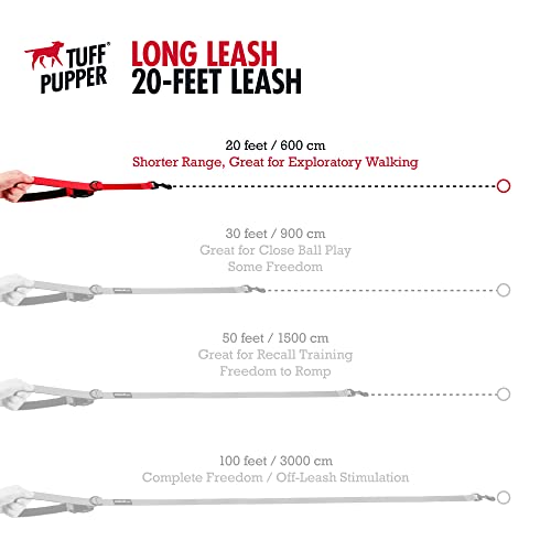 Tuff Pupper Heavy Duty Long Dog Leash | 20 Foot | Buckle Handle | Dog Recall Training Leash | High Visibility Nylon Webbing | Rust Resistant Swivel Clip - size: 20 Foot