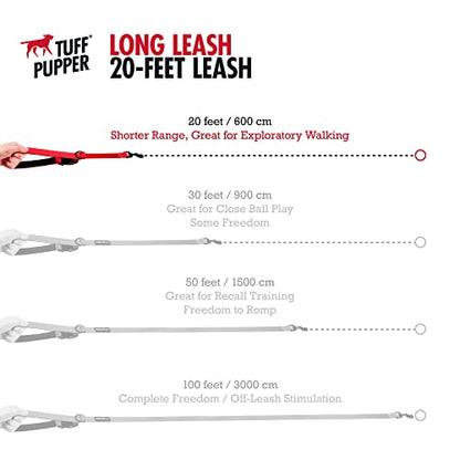 Tuff Pupper Heavy Duty Long Dog Leash | 20 Foot | Buckle Handle | Dog Recall Training Leash | High Visibility Nylon Webbing | Rust Resistant Swivel Clip - size: 20 Foot