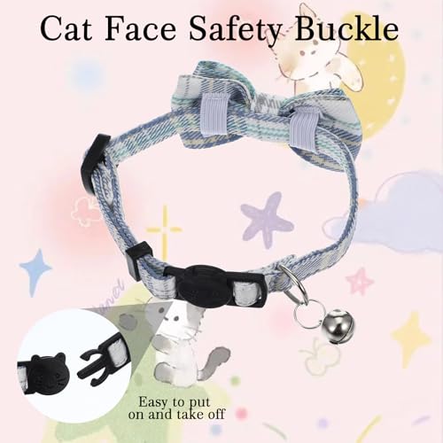 2 PCS Cat Collar with Bow Breakaway Bowtie Safety with Bell Cat Bow Tie Collar Cute Boy Kitten Collars Plaid Pet Collars Adjustable Safety Quick Release Cats for Kitten Cats (Blue)