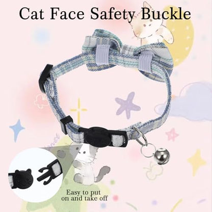2 PCS Cat Collar with Bow Breakaway Bowtie Safety with Bell Cat Bow Tie Collar Cute Boy Kitten Collars Plaid Pet Collars Adjustable Safety Quick Release Cats for Kitten Cats (Blue)