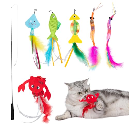 Catify Meow Chase Playset, Retractable Cat Wand Toy with 6 Feather Teaser Cat Toys Attachment, Flexible Cat Teaser Wand for Indoor Cats and Kittens, Cat Fishing Pole Style Toy for Exercise and Bonding - color: Meow Chase Multicolor
