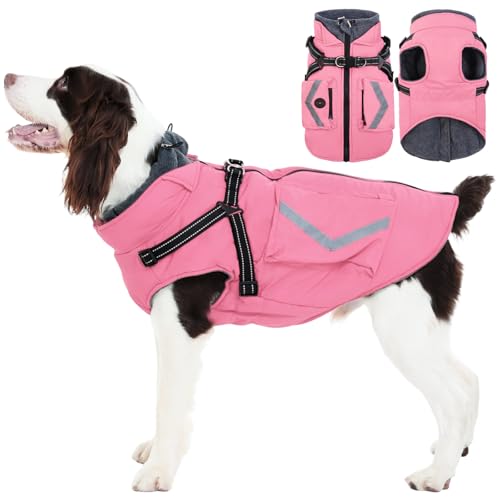 FUAMEY Dog Winter Coat with Harness, Insulated Jacket for Dogs Cold Weather Clothes, Back Zipper Doggie Cover for Snow Day, Pet Outfits with Pop Bag Pockets for Large Dogs, Staffordshire (Pink, L) - color: Soft Pink, size: Large