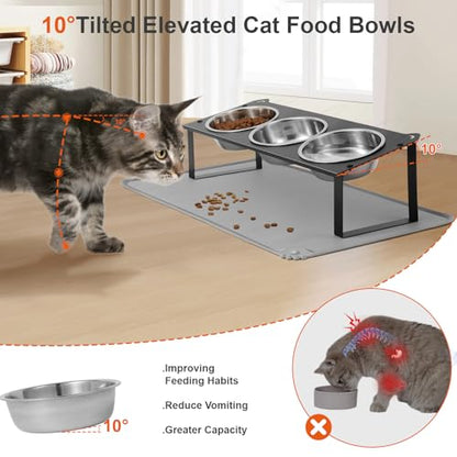 Elevated Cat Bowls with Food Mat, 10°Tilted Non-Slip Raised Cat Food Water Bowls Set, 3 Thick Stainless Steel Pets Dishes with Cute Metal Feeding Stand for Indoor Kitten Puppy, Anti-Vomiting - color: Black-3Bowls