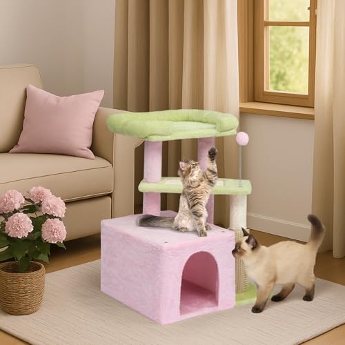 Outvita Cat Tree 27.5in Small Cat Tower, Multi-Level Cat Tree Tower with Cat Scratching Post and Pad, Cozy Cat Condo, Padded Top Bed for Kittens and Indoor Cats, Pink & Green - size: 27.5" Pink & Green