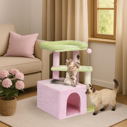 Outvita Cat Tree 27.5in Small Cat Tower, Multi-Level Cat Tree Tower with Cat Scratching Post and Pad, Cozy Cat Condo, Padded Top Bed for Kittens and Indoor Cats, Pink & Green - size: 27.5" Pink & Green