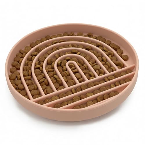 Should We Go? Slow Feeder for Dogs & Puppies, The Slowdown Bowl Silicone Slow Eating, Modern Lick Mat Design, Reduces Gulping, Fits 2.5 Cups, 9.5” Across x 1.5” Tall, Mealtime Challenge, Large-Blush - color: Blush - Rainbow Design, size: Large (9.5” Acros