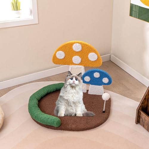 Tangkula Mushroom Cat Bed, Cat Claw Scratcher with Wide Large Platform, Sisal Scratching Panel, Spring Ball, PP Cotton Padded Headrest, Cat Tree House with Interactive Toys for Kittens - size: 17 Inch