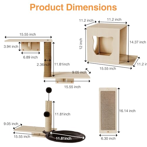 Cat Wall Shelves, Wooden Multi-Level Cat Climbing Furniture, House, Steps, Sisal Scratcher, Perches Bed & Ball, Space-Saving Wall Mounted Cats Shelves for Play & Rest - size: 4-in-1 Cat Shelves
