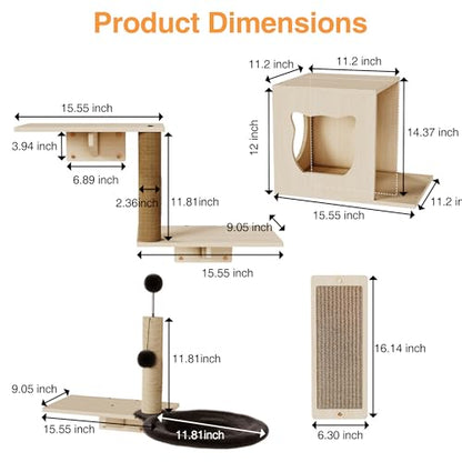 Cat Wall Shelves, Wooden Multi-Level Cat Climbing Furniture, House, Steps, Sisal Scratcher, Perches Bed & Ball, Space-Saving Wall Mounted Cats Shelves for Play & Rest - size: 4-in-1 Cat Shelves