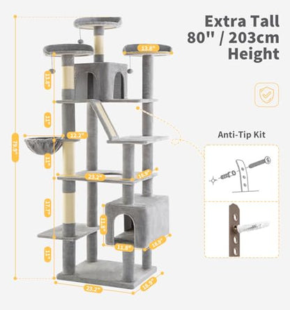 Made4Pets Tall Cat Tree, 80" Cat Tree Tower for Indoor Cats Large Adult, Modern Cat Tower with Scratching Post, Cozy Hammock, 3 Perches and 2 Condos, Sturdy and Fluffy, Light Gray - color: Light Gray