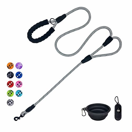 Dog Leash Heavy Duty 6ft, Double Handle Dog Leash with Padded Handle for Traffic Control, Reflective Rope Leashes for Large and Medium Dogs Night Control Safety Training (Grey) - color: Grey (25 to 120 lbs)