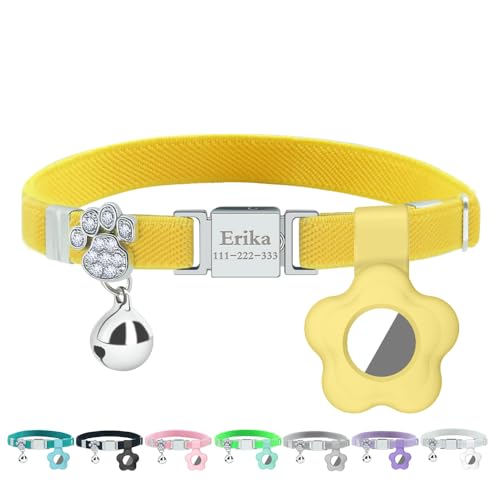 Personalized Safety Elastic Cat Collars with Bell Soft Silicone Cover for Air Tag,Laser Customized Stretch Kitten Collars for Girls Boys Cats (Yellow) - color: Yellow