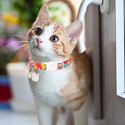 Unique style paws 2 Pack Kitten Collar Breakaway with Bell & Pendant, Adjustable Safety Cat Cotton Collars for Girl Boy Cats and Small Pets - color: pumpkin & maple party