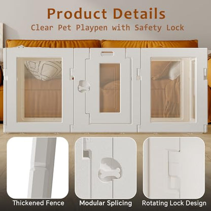Clear Acrylic Dog Playpen Indoor, Puppy Cat Small Pet Play Pen, Easy Assemble & Disassemble Sturdy Plastic Dog Fence with Heavy Duty Door Lock (24In H, 10PCS), White - color: White, style: 10 Panels - 24 In