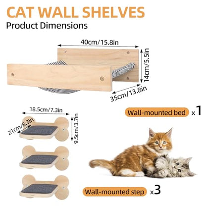 Cat Wall Hammock with 3 Steps, Pine Wood Wall Mounted Kitty Bed & Climbing Shelves up to 30lbs, Cat Furniture for Indoor Sleeping and Playing, Space Saving