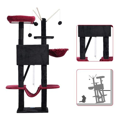 Hey-brother Gothic Cat Tree, 53 inch Cat Tower for Indoor Cats, Cat House with Padded Platform Bed, Toy Balls, Large Cozy Condo, Hammocks and Sisal Scratching Posts, Black and Red MPJ019SBR - color: Black and Red