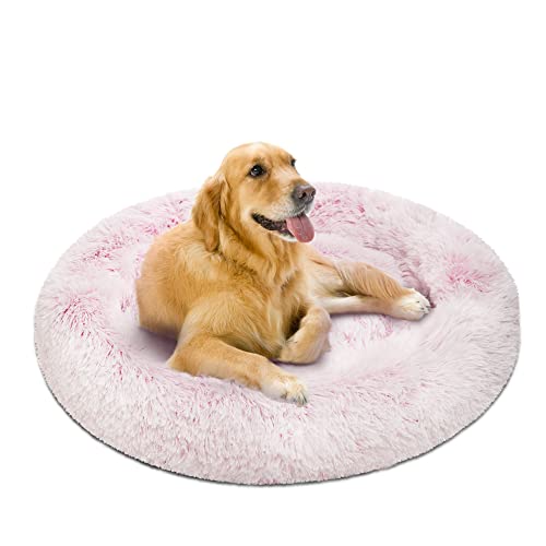 Friends Forever Donut Dog Bed Faux Fur Fluffy Calming Sofa For Large Dogs, Soft & Plush Anti Anxiety Pet Couch For Dogs, Machine Washable Coco Pet Bed with Non-Slip Bottom, 36"x36"x8" Pink - color: Pink, size: Large (36"x36"x8"), style: Donut