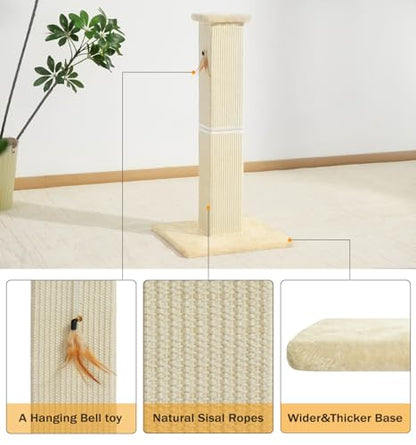 Made4Pets Cat Scratching Post, 32 Inch Natural Sisal Cat Scratcher with Kitten Toy, Tall Scratching Post for Indoor Cats Adults and Kittens, Beige - color: Beige-Sisal