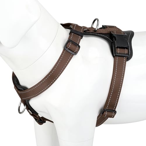 Plutus Pet Adjustable No Pull Dog Harness with Leather Accents, Heavy Duty Reflective Nylon Vest for Training, Hiking, Easy Walk Harness for Small, Medium, Large Dogs (Chocolate, M) - color: Chocolate, size: M