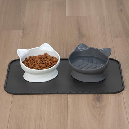 Kitty City Elevated Slow Feeder Cat Bowls (Set of 2), Whisker-Friendly Raised Cat Food Dishes with Ridges, Helps Reduce Fast Eating & Digestion Issues, Dishwasher Safe, 10.8 oz – White & Gray - color: White & Gray, style: Large - Slow Eat