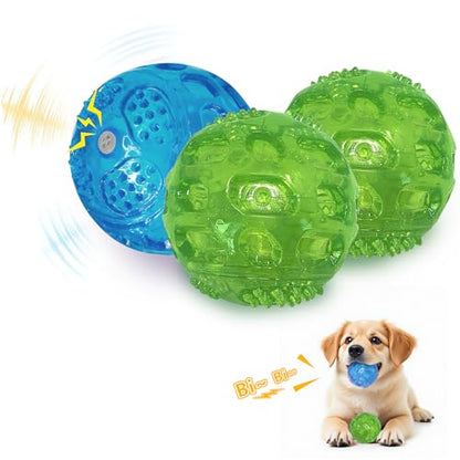 RICHIE Ultra Durable Squeaky Dog Balls 3 Inch for Large Medium Dogs, Tough Chew Toys for Aggressive Chewers, Floating Fetch Balls for Pool Play, Teeth Cleaning Dog Toys 3 Pack Blue + Green + Green - color: Blue + Green + Green