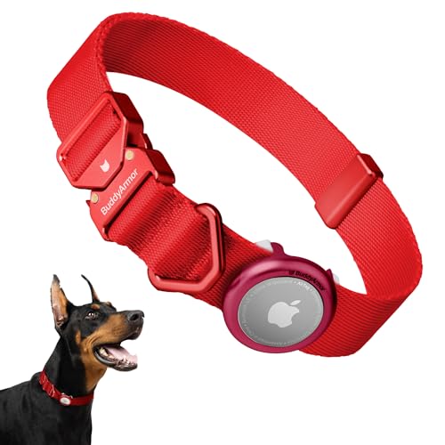 Dog Airtag Collar Adjustable Soft Nylon Lightweight Dog Collar Quick Release with Alloy Buckle, Airtag Holder Case Airtag Dog Collar for Medium Large Dogs (Vivid Red, L) - color: Vivid Red, size: L