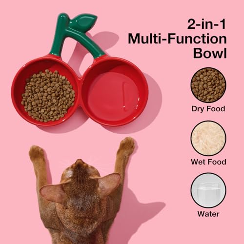 VETRESKA Ceramic Pet Bowl Tilted Design Pet Feeder for Food and Water Anti Vomit Cat Bowls for Indoor Cats Cute Cherry Cat Bowl Dishwasher Safe - color: Cherry Bowl