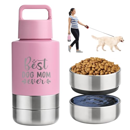 KEWIXY Insulated Dog Travel Water Bottle With Detachable Bowls, Ideal Dog Mom Gifts for Women, Portable Water Bottle Dispenser, For Walking, Hiking, Camping, Outdoor (Pink:Best Dog Mom, 32 Oz) - color: Pink:Best Dog Mom