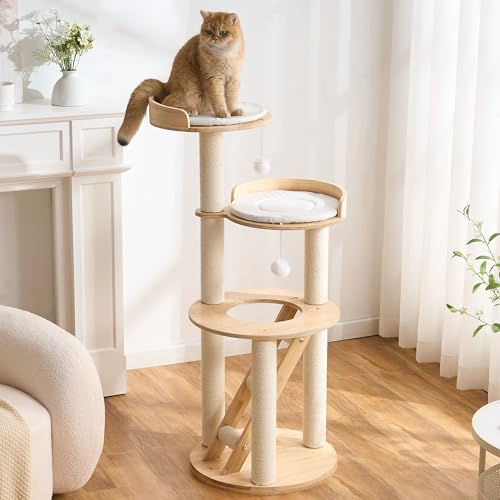 797Audio Morden Solid Wood Cat Tree Tower, 49" Tall Cat Tree with Sisal Scratching Posts and Ladder for Adult Cats, Natural Oak Wooden Cat Tower, Aesthetic Multi-Level Cat Climbing Tree for Indoor Cat - color: 49 Inch-Ladder