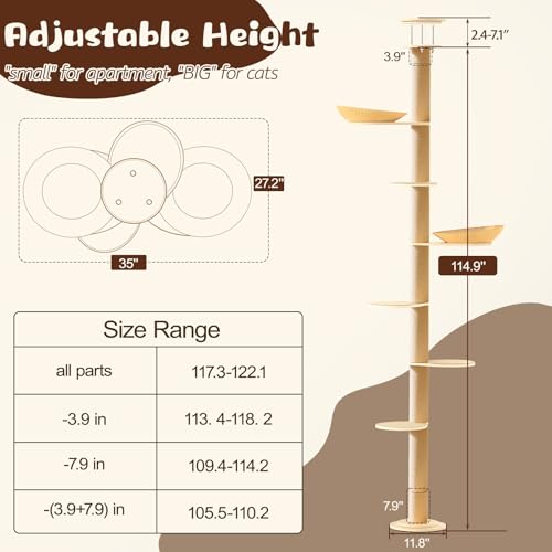 Solid Real Wood Floor to Ceiling Cat Tree, 7 Level Adjustable Height (105"-122"), Modern Climbing Tower with Thickened Wooden Sisal Scratching Posts & Cozy Bed for Indoor Cats Large Adult - size: 7 Level | 105-122 in