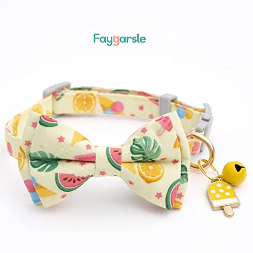 Faygarsle 2 Pack Cute Cat Collar with Bell Breakaway Bowtie for Male Female Cats Soft Fancy Blue Yellow with Ice Cream Sea Pattern Summer Cat Collar for Boy Girl Cats - color: Beach&Sea