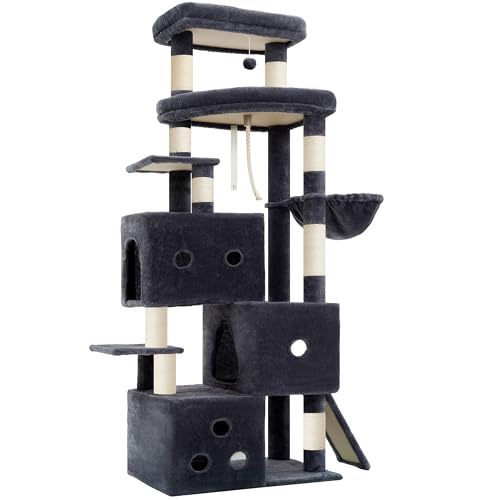 Heybly Cat Tree, 74-Inch Streamlined Cat Tower for Large Cats with 3-Tier Stacked Condos, Cat Furniture with Large Perch, Sturdy Base, Full Sisal Scratching Posts & Ramp, Smoky Gray HCT061G - color: Smoky Gray