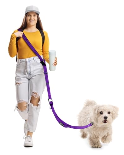Hands Free Dog Leash, Multifunctional Crossbody Dog Leash, 5.9-9.5Ft Long Waist Belt with Car Seatbelt and Double-Sided Reflective Stitches for Medium and Large Dogs Walking, Jogging(Purple) - color: Purple, size: Large-5.9-9.5ft