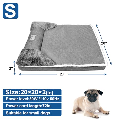 Heated Dog Bed 20x20 Inch Plush Dog Mattress with 9-Level Adjustable Settings, Removable Machine-Washable Cover, Non-Slip Bottom, Gray - size: Small